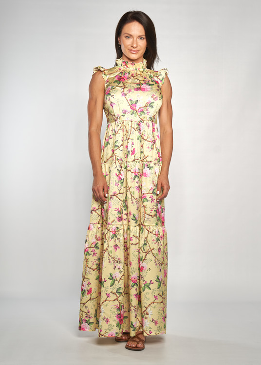 Fodros cseresznyevirág mintás szatén maxi ruha