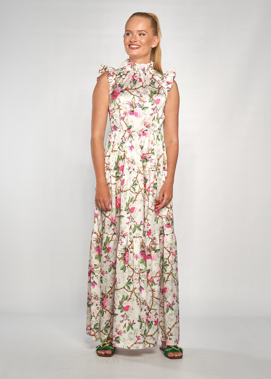 Fodros cseresznyevirág mintás szatén maxi ruha