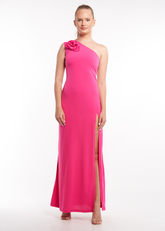 Félvállas egyszínű maxi ruha rózsa dísszel gyűrődésmentes anyagból.