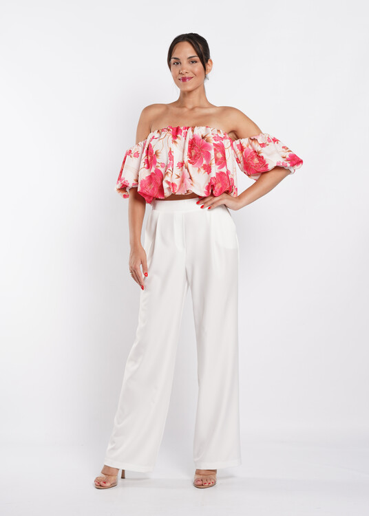 Ejtett vállú piros virág mintás crop top