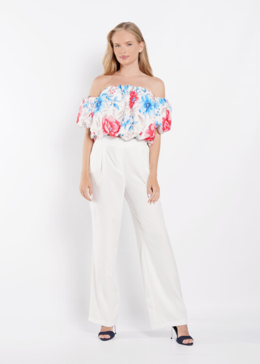 Ejtett vállú festett virág mintás crop top