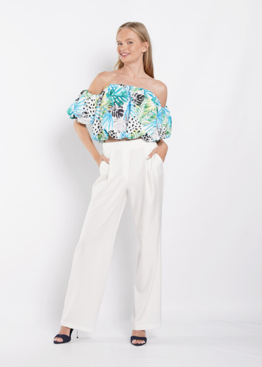 Ejtett vállú trópusi levél mintás crop top