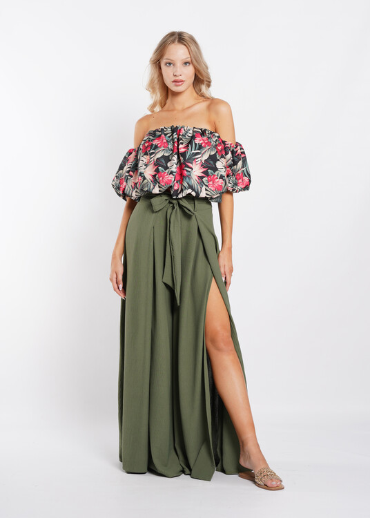 Ejtett vállú hibiszkusz mintás crop top