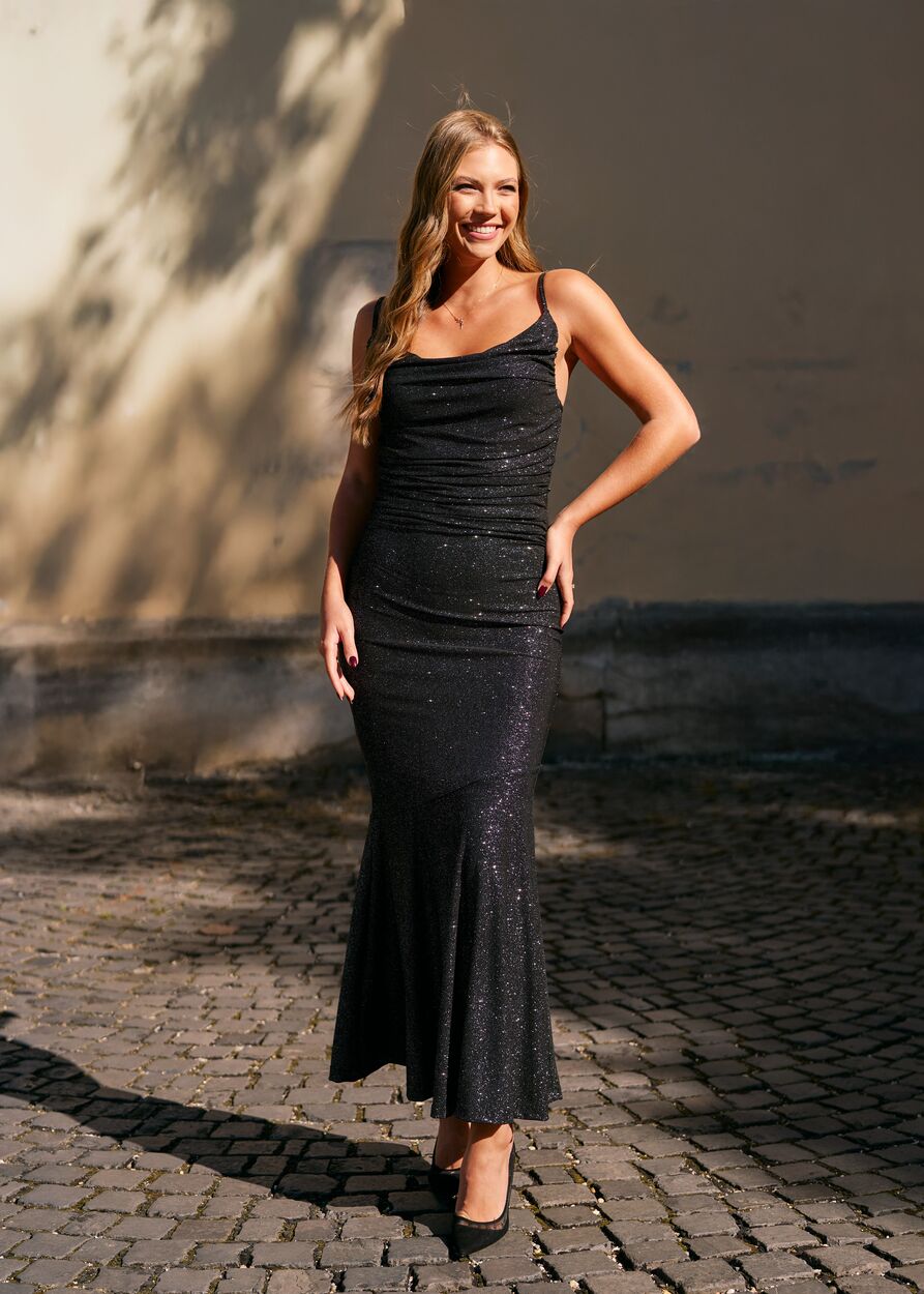 Vékony pántos csillogó lurex maxi ruha