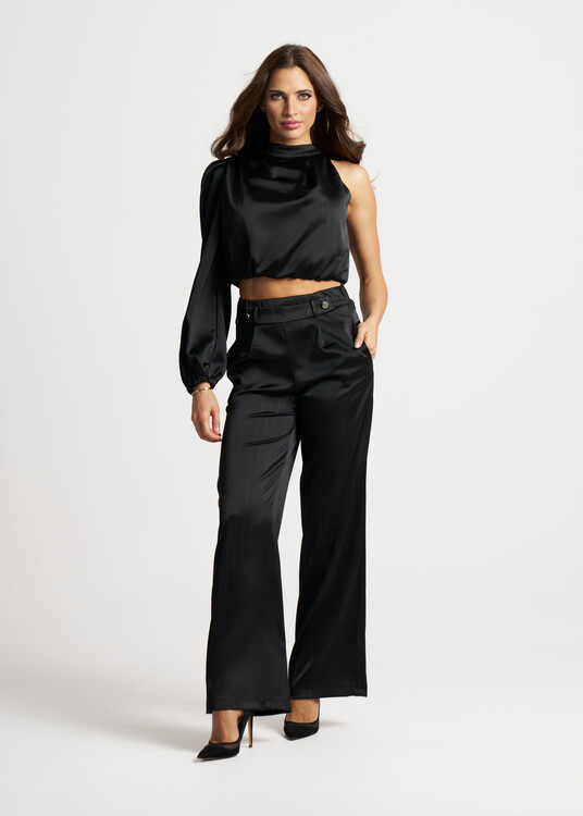 Félvállas vékony csíkos szatén top