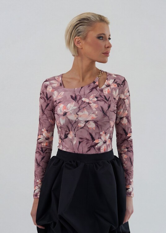 Kellékes nyakú szirom mintával díszített body