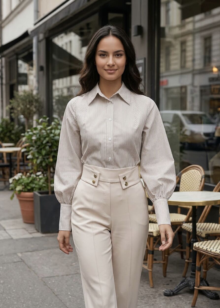 Vékony csíkos galléros puplin blúz