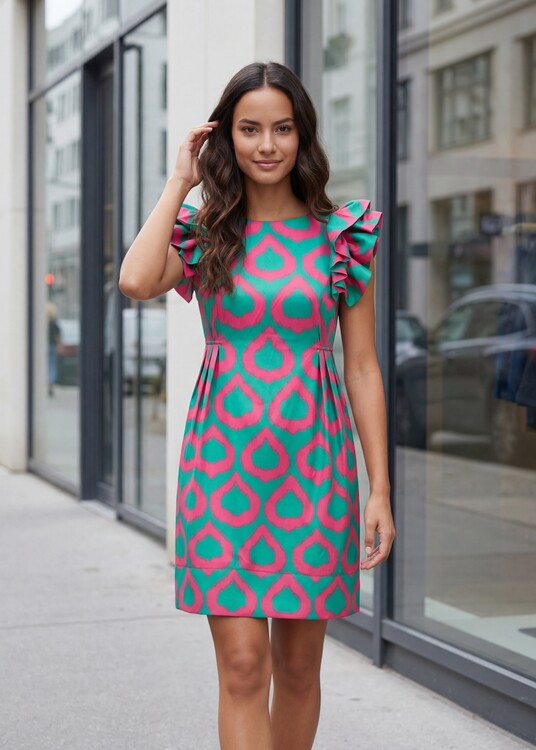 Fodros vállú absztrakt csepp mintás ruha